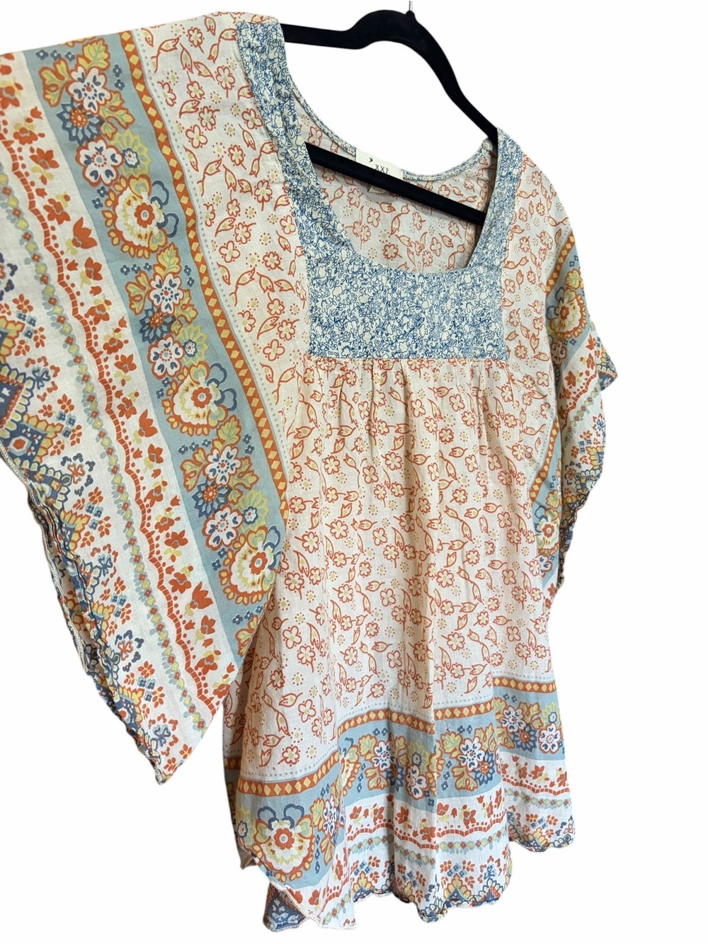 Boho Cream Floral Mixed-Print Flutter Sleeve Tunic with Blue Accents